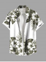 Plus Size Hibiscus Flowers Tropical Leaf Print Buttons Pocket Hawaii Shirt For Men -  