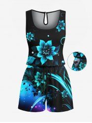 Plus Size Flowers Leaf Ombre Print Cinched Hawaii Romper -  