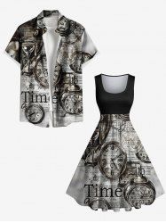 Clock Newspaper Hourglass Print Plus Size Matching Outfit For Couples -  