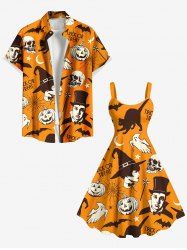 Halloween Pumpkin Cat Skull Ghost Bat Wizard Spider Web Print Plus Size Matching Outfit For Couples -  