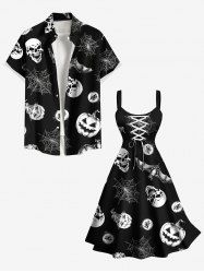 Halloween Pumpkin Skull Spider Web Bat Print Plus Size Matching Outfit For Couples -  