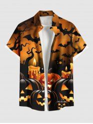 Plus Size Pumpkin Lantern Candle Bat Tree Print Halloween Button Pocket Shirt For Men - Orange 4XL