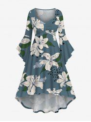 Plus Size Flower Leaf Spotted Print Hawaii Ruched High Low Asymmetric Dress -  