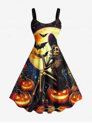 Plus Size Pumpkin Skeleton Wizard Bat Moon Galaxy Print Halloween A Line Tank Dress -  