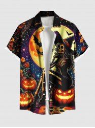 Plus Size Pumpkin Skeleton Wizard Bat Moon Galaxy Print Halloween Button Pocket Shirt For Men -  