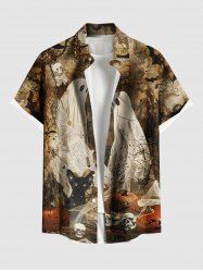T-shirt d'Halloween grande taille imprimé journal vieilli pour homme, motif tête de mort, citrouille, toile d'araignée, chat, fantôme, chauve-souris - Brun M