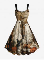 Robe trapèze grande taille à imprimé journal vieilli, motif tête de mort, citrouille, toile d'araignée, chat, fantôme, chauve-souris, Halloween - Brun 4X