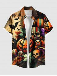 Plus Size Striped Skull Pumpkin Bat Maple Leaf Print Halloween Button Pocket Shirt For Men -  