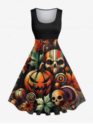 Plus Size Striped Skull Pumpkin Bat Maple Leaf Print Halloween 1950s Vintage Swing A Line Dress -  
