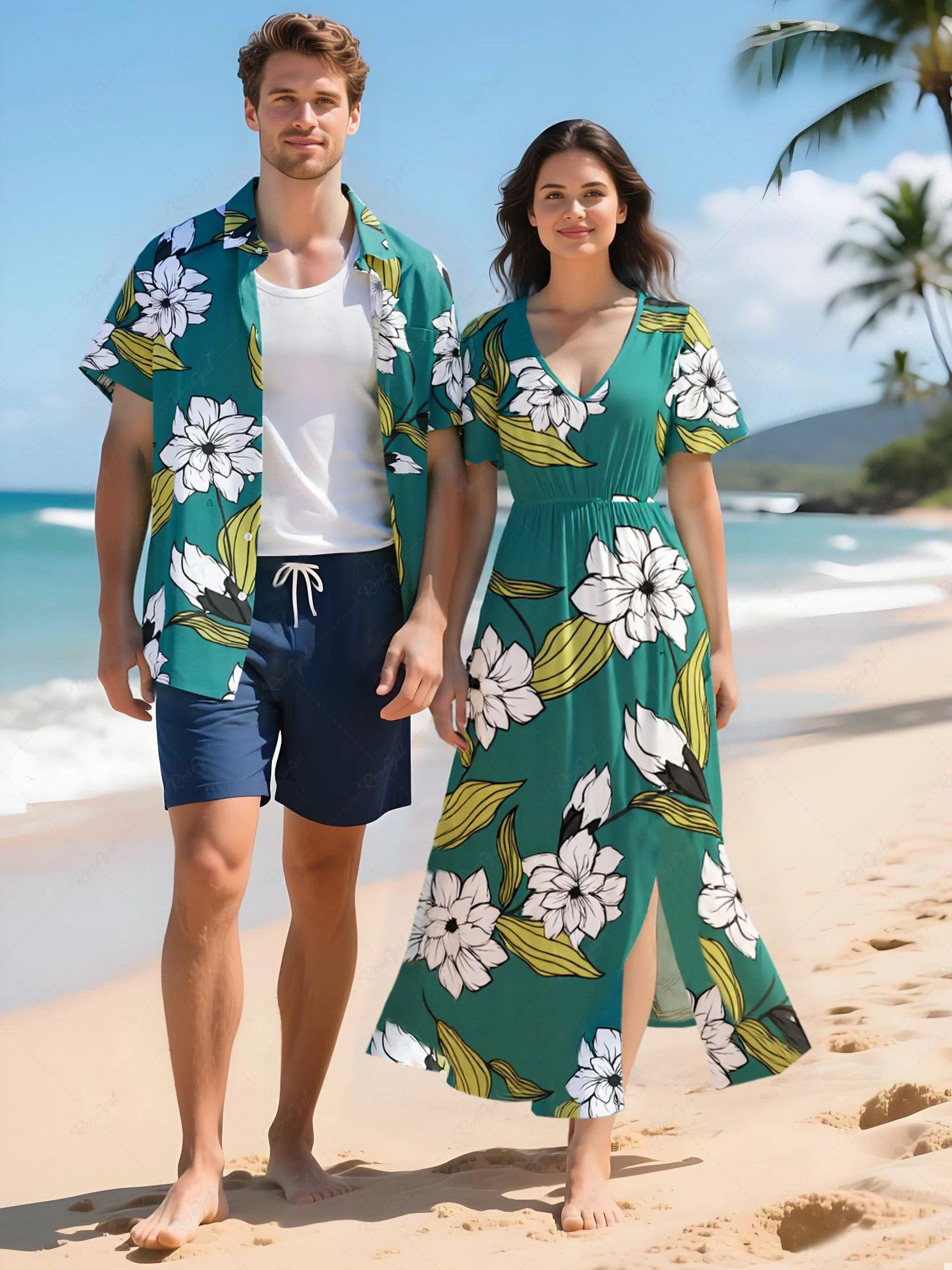 Fashion Flowers Leaf Print Plus Size Matching Hawaii Beach Outfit For Couples  