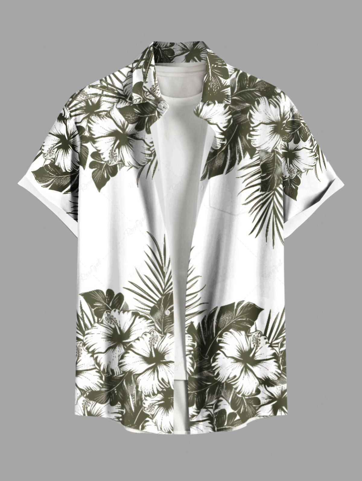 Online Plus Size Hibiscus Flowers Tropical Leaf Print Buttons Pocket Hawaii Shirt For Men  