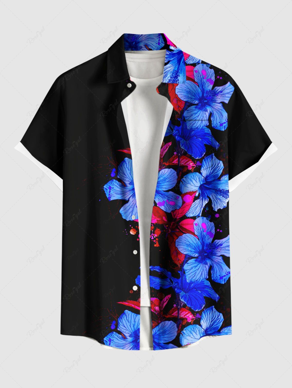 Store Plus Size Hibiscus Flowers Paint Splatter Print Buttons Pocket Hawaii Shirt For Men  