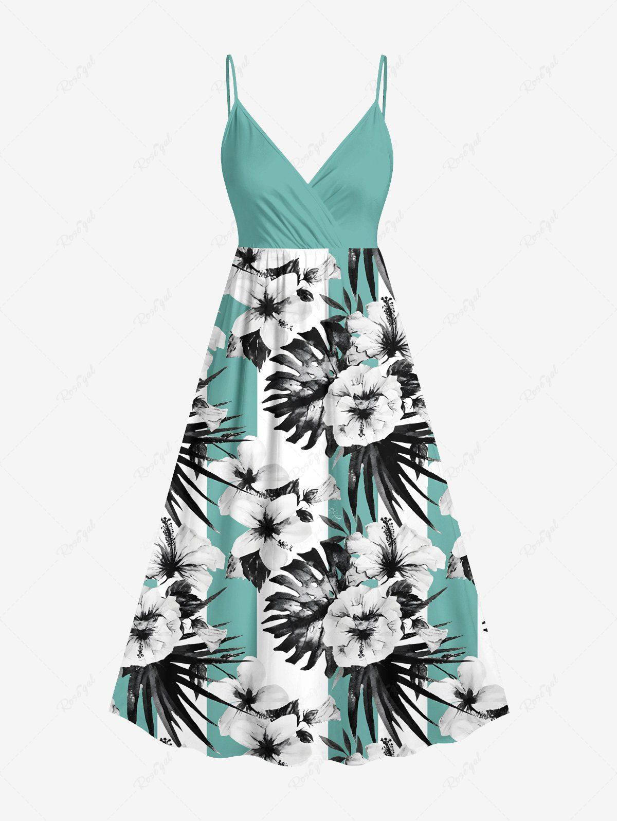 Hot Plus Size Flowers Tropical Leaf Print Surplice Hawaii Cami Dress  