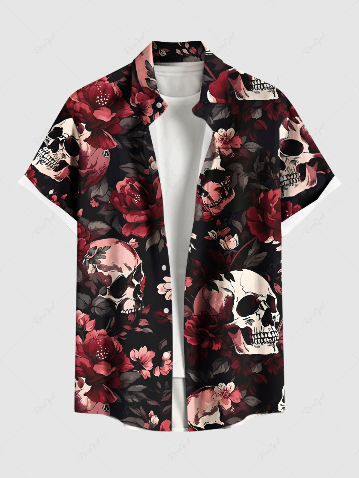 Chemise grande taille à boutons et poches pour homme, motif tête de mort, rose, fleur, feuille, Halloween Noir L