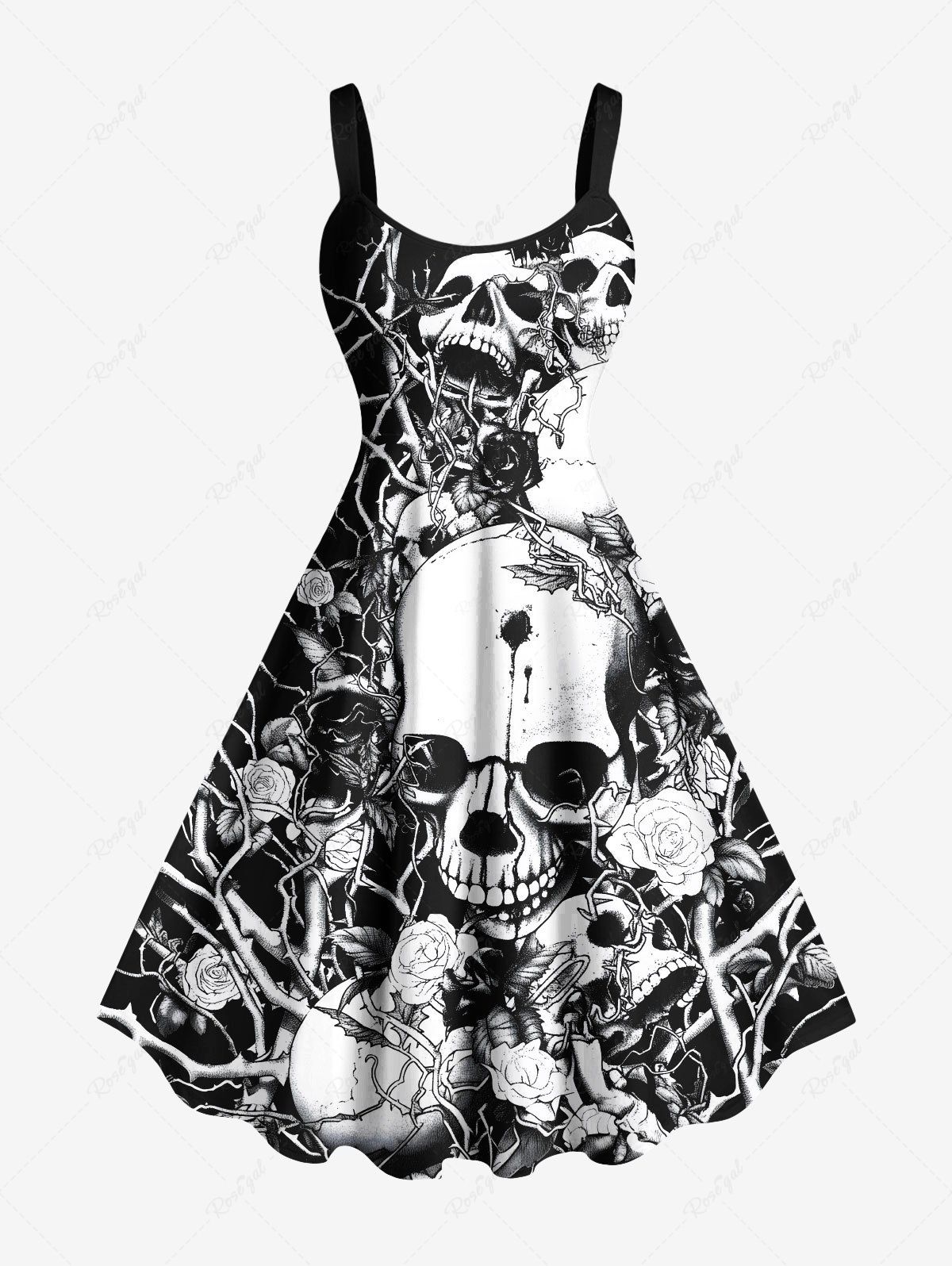 New Plus Size Halloween Skulls Rose Flowers Print Tank Dress  