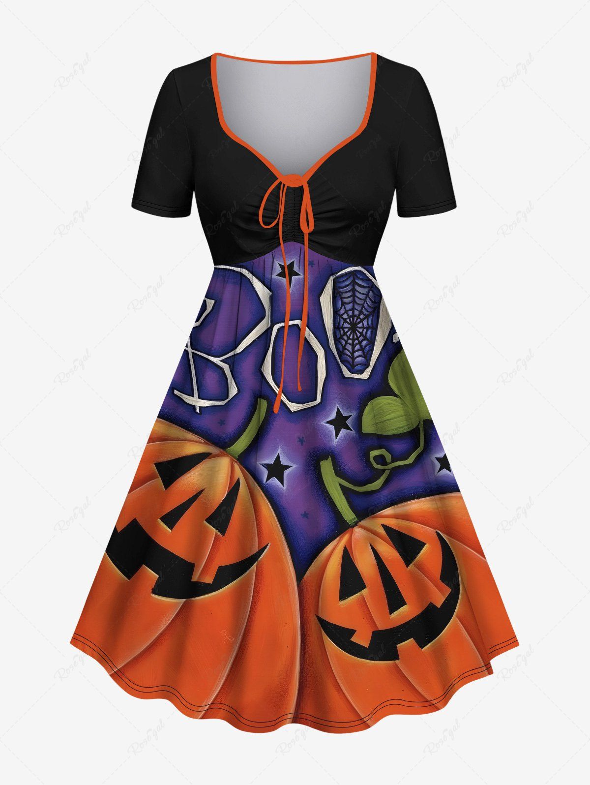 Chic Plus Size Halloween Pumpkin Leaf Star Spider Web Print Cinched Dress  