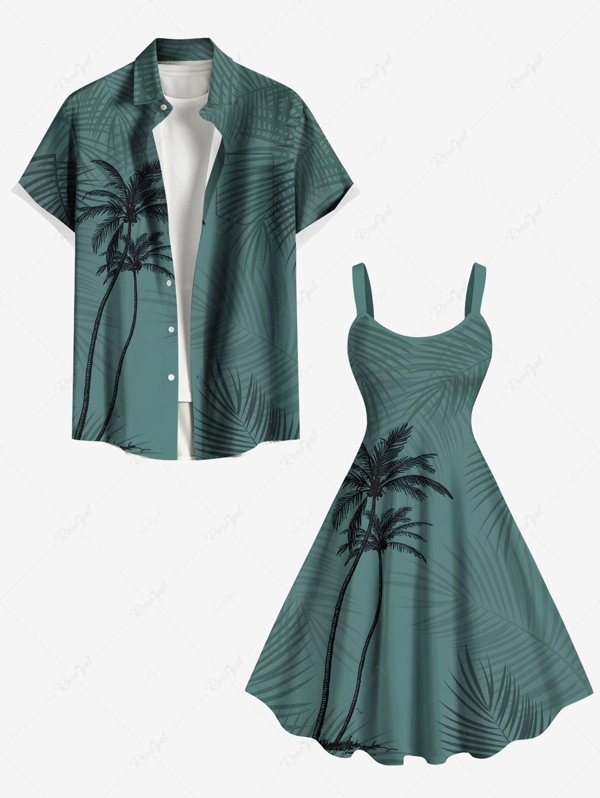 Store Coconut Tree Tropical Leaf Print Plus Size Matching Hawaii Beach Outfit For Couples  