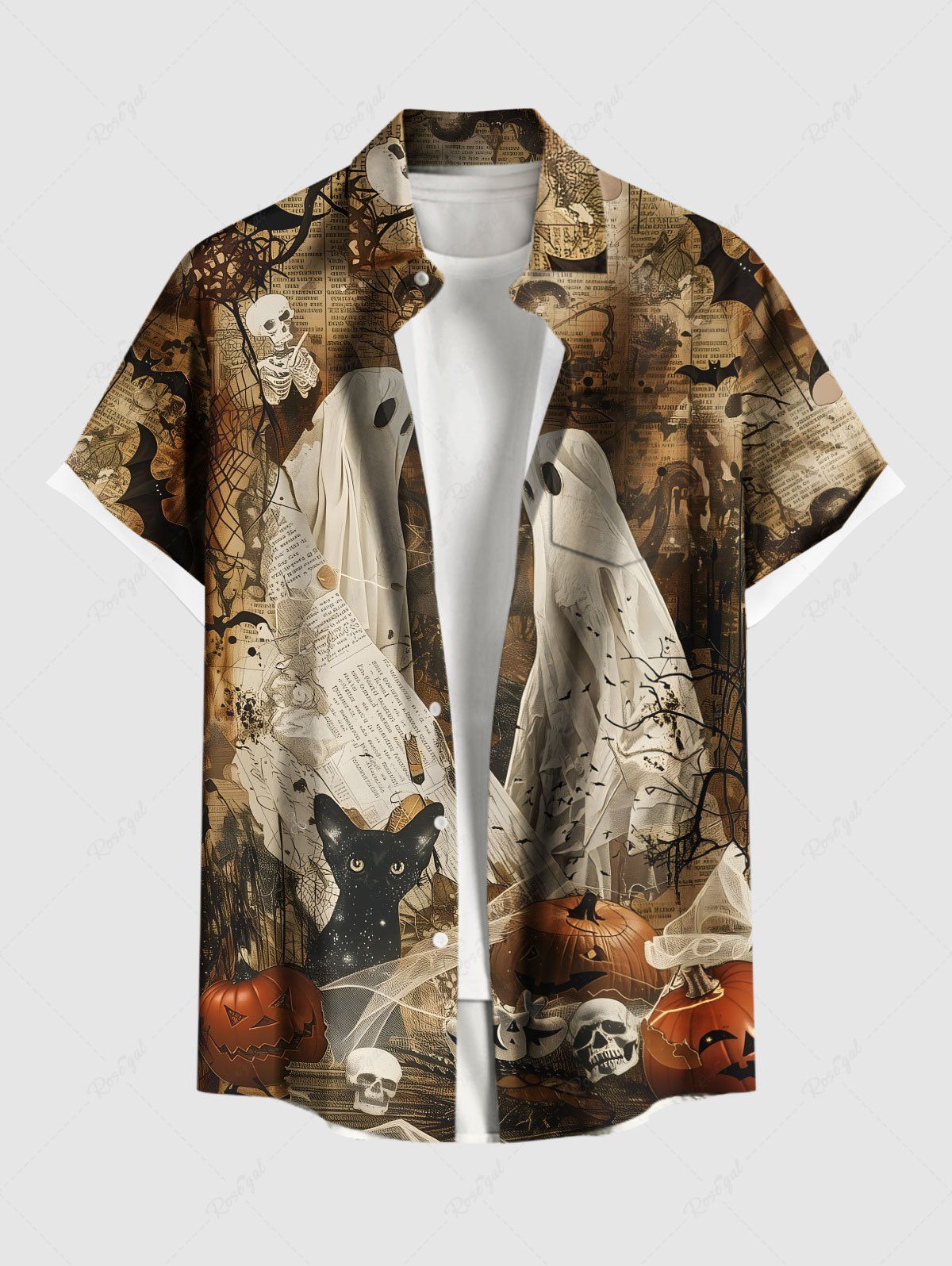 T-shirt d'Halloween grande taille à imprimé journal vieilli, motif crâne, citrouille, toile d'araignée, chat, fantôme, chauve-souris, pour homme Brun 5XL