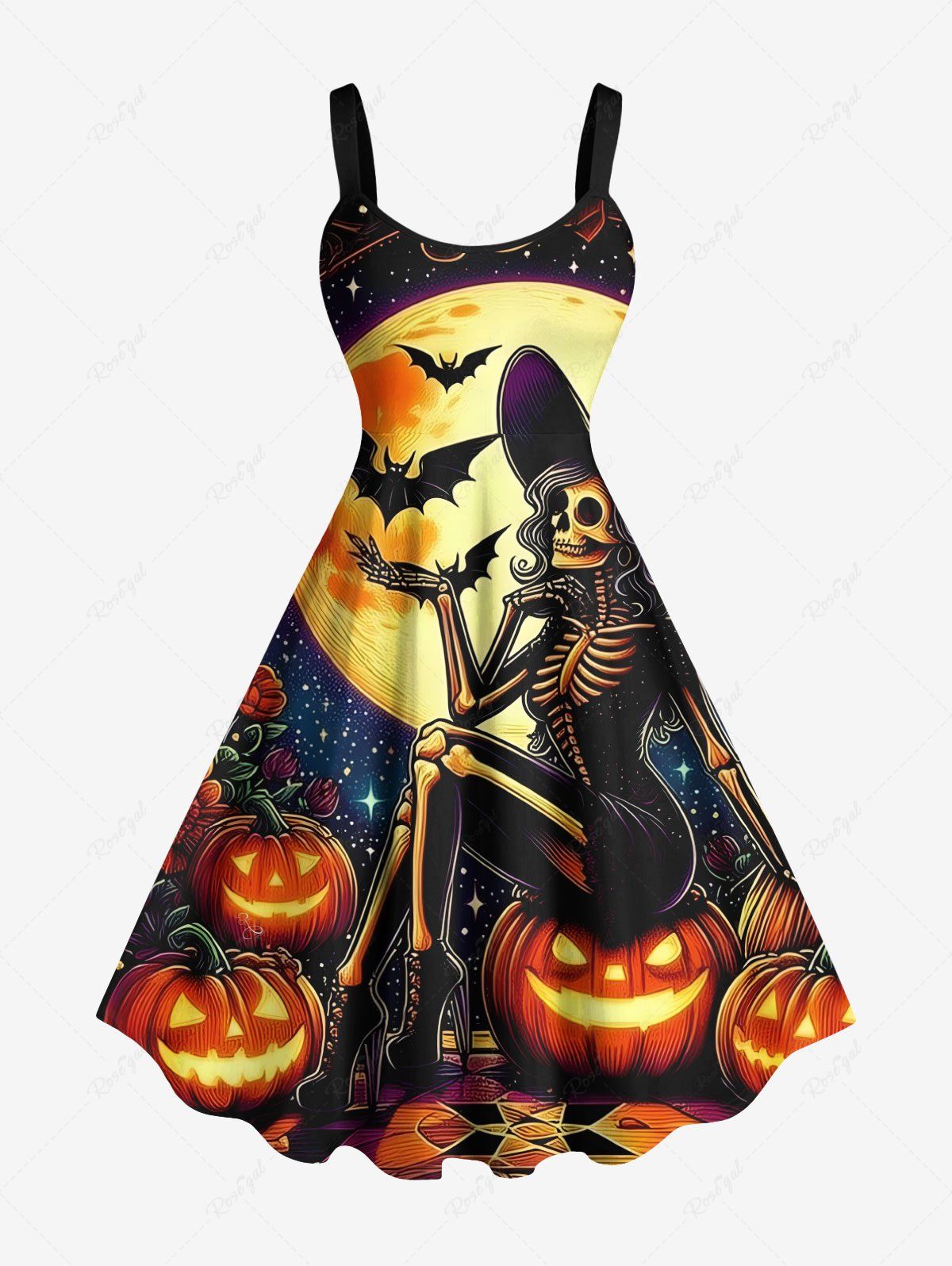 Discount Plus Size Pumpkin Skeleton Wizard Bat Moon Galaxy Print Halloween A Line Tank Dress  
