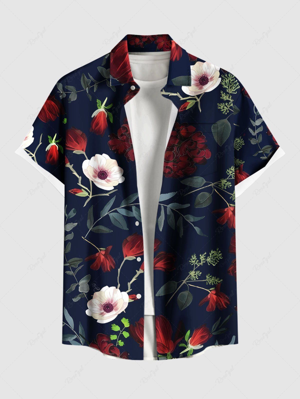 Chemise hawaïenne grande taille à imprimé floral, feuilles et branches, avec poches boutonnées pour homme Noir L