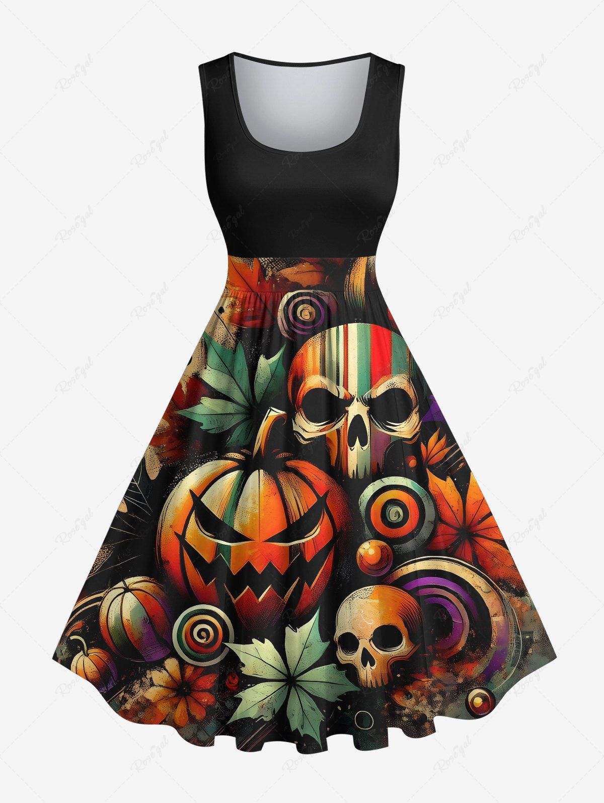 Discount Plus Size Striped Skull Pumpkin Bat Maple Leaf Print Halloween 1950s Vintage Swing A Line Dress  