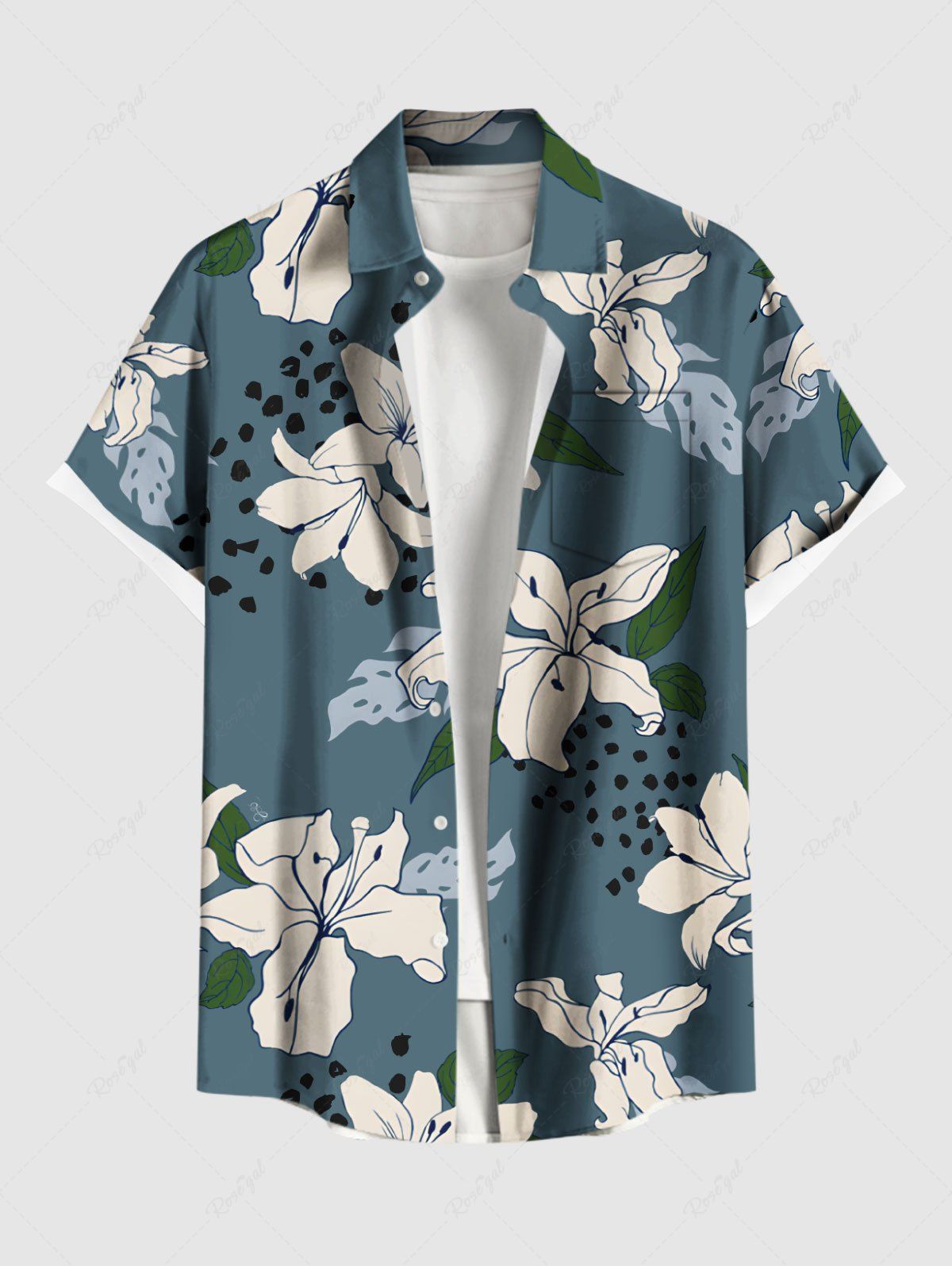 New Plus Size Flower Leaf Spotted Print Hawaii Button Pocket Shirt For Men  