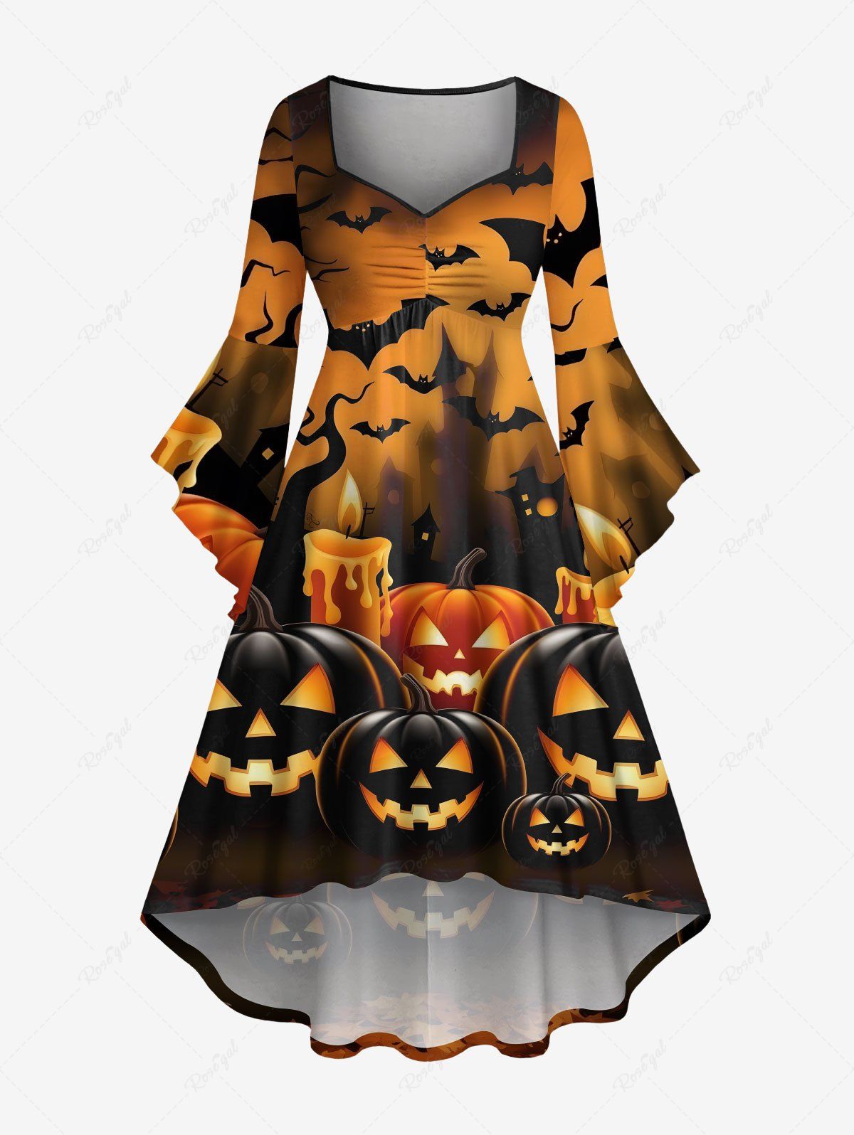 Sale Plus Size Pumpkin Lantern Candle Bat Tree Print Halloween Ruched High Low Asymmetric Dress  