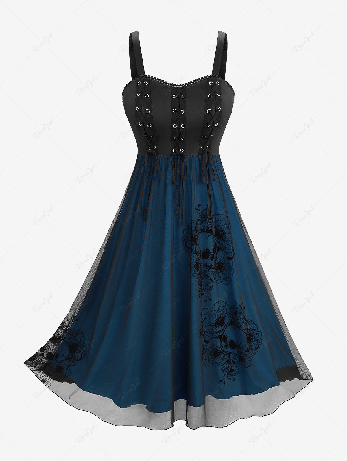 Robe débardeur à lacets et œillets en dentelle avec motif de roses et de crânes Paon Bleu S