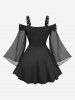 Cold Shoulder Ruched Sheer Mesh Top and Patchwork Ruffles Pockets Flare Pants Plus Size Outfit -  