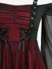 Cold Shoulder Ruched Sheer Mesh Top and Patchwork Ruffles Pockets Flare Pants Plus Size Outfit -  