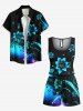 Ensemble chemise et barboteuse hawaïennes assorties, grande taille, tenue de plage à imprimé floral et feuilles ombré pour couples - Noir 