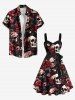 Plus Size Halloween Skulls Rose Flower Leaf Print Buttons Turn Down Collar Dress With Belt - Noir 6X