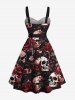 Plus Size Halloween Skulls Rose Flower Leaf Print Buttons Turn Down Collar Dress With Belt - Noir 6X