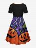Plus Size Halloween Pumpkin Leaf Star Spider Web Print Cinched Dress -  