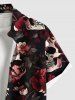 Plus Size Halloween Skulls Rose Flower Leaf Print Buttons Pocket Shirt For Men -  