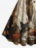 Robe trapèze grande taille à imprimé journal vieilli, motif tête de mort, citrouille, toile d'araignée, chat, fantôme, chauve-souris, Halloween - Brun XS