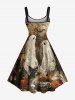 Robe trapèze grande taille à imprimé journal vieilli, motif tête de mort, citrouille, toile d'araignée, chat, fantôme, chauve-souris, Halloween - Brun 4X