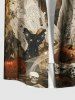 Plus Size Skull Pumpkin Spider Web Cat Ghost Bat Distressed Newspaper Print Halloween Shirt For Men -  
