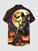 Plus Size Pumpkin Skeleton Wizard Bat Moon Galaxy Print Halloween Button Pocket Shirt For Men -  