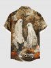 Plus Size Skull Pumpkin Spider Web Cat Ghost Bat Distressed Newspaper Print Halloween Shirt For Men -  