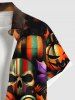 Plus Size Striped Skull Pumpkin Bat Maple Leaf Print Halloween Button Pocket Shirt For Men -  