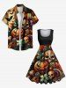 Plus Size Striped Skull Pumpkin Bat Maple Leaf Print Halloween 1950s Vintage Swing A Line Dress -  