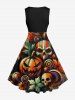 Plus Size Striped Skull Pumpkin Bat Maple Leaf Print Halloween 1950s Vintage Swing A Line Dress -  