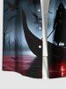 Plus Size Wizard Boat Castle Bat Ombre Galaxy Print Halloween Button Pocket Shirt For Men -  