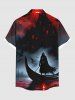Chemise grande taille à imprimé galaxie, château, bateau, sorcière, chauve-souris, Halloween, boutonnée et poche pour homme - Rouge 2XL