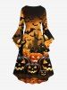 Plus Size Pumpkin Lantern Candle Bat Tree Print Halloween Ruched High Low Asymmetric Dress -  