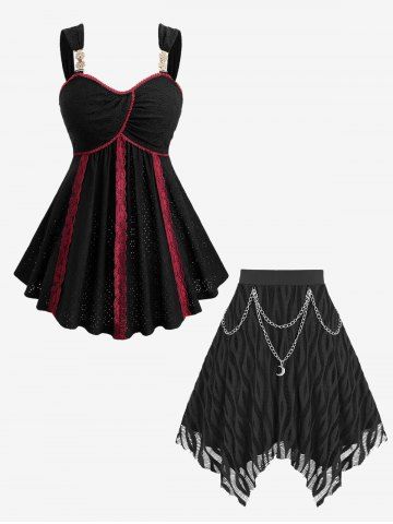 Jacquard Pointelle Hollow Out Two Tone Top and Textured Mesh Layered Chain Tassel Skirt Plus Size Outfit - BLACK