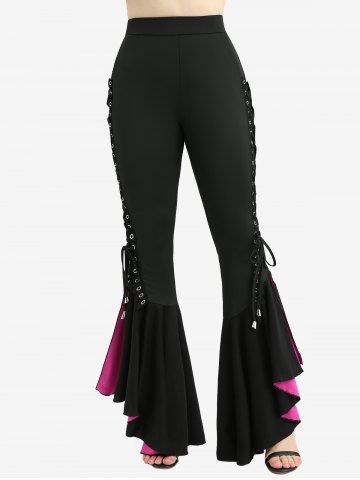 Ruched Marled Cami Top And Skulls Mesh Lace Trim Top and Lace-up Lettuce Flare Pants Plus Size Outfit