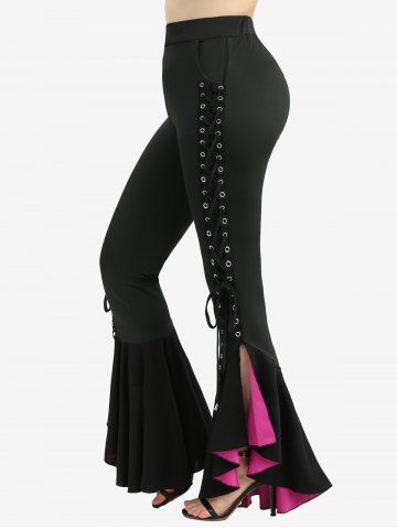 Ruched Marled Cami Top And Skulls Mesh Lace Trim Top and Lace-up Lettuce Flare Pants Plus Size Outfit