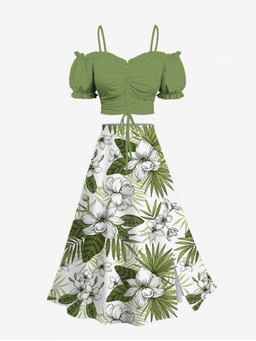 Flowers Tropical Leaf Print Hawaii Plus Size Matching Set - GREEN